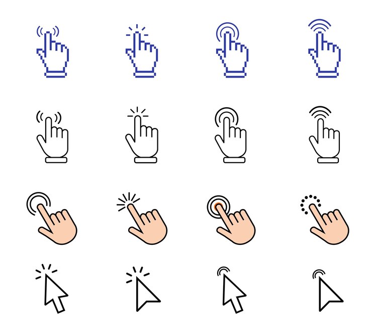 Vector haga clic y toque los iconos gestos de la mano punteros y cursores