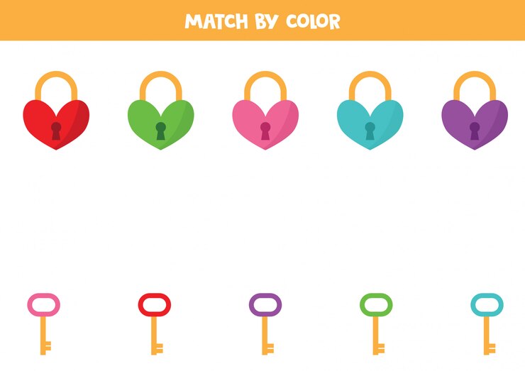 Vector haga coincidir las cerraduras y llaves del corazón por color.