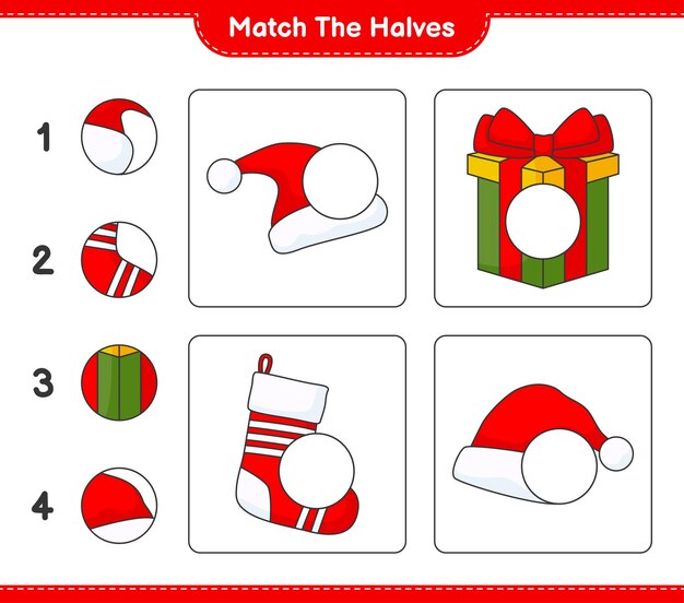 Haga coincidir las mitades haga coincidir las mitades de la caja de regalo del sombrero de santa y el calcetín de navidad juego educativo para niños hoja de cálculo imprimible ilustración vectorial