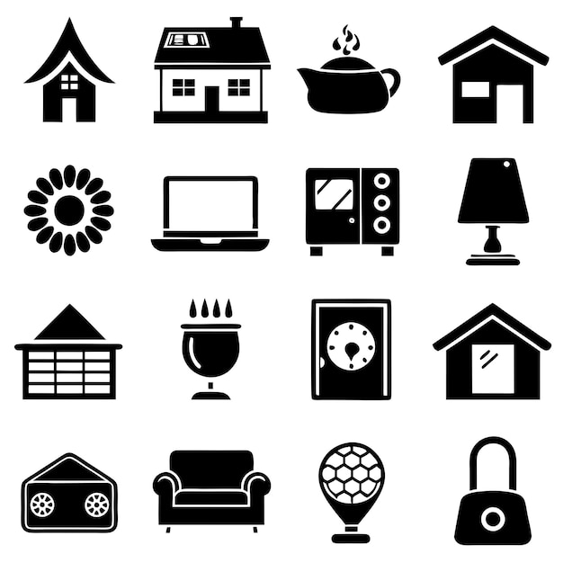 Haga una colección de dieciséis símbolos de icono de hogar y vida en el estilo material
