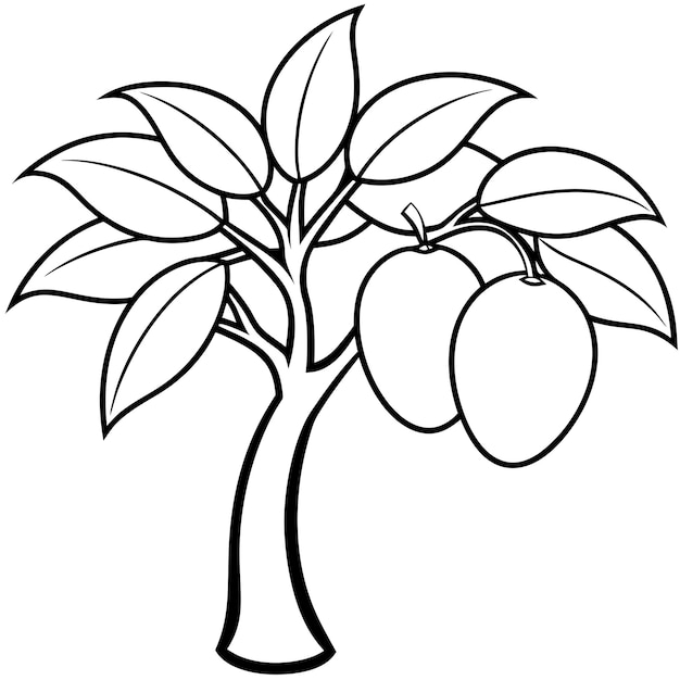 Haga un dibujo de una línea de un árbol de mango con un fondo blanco de color negro y estilo vectorial