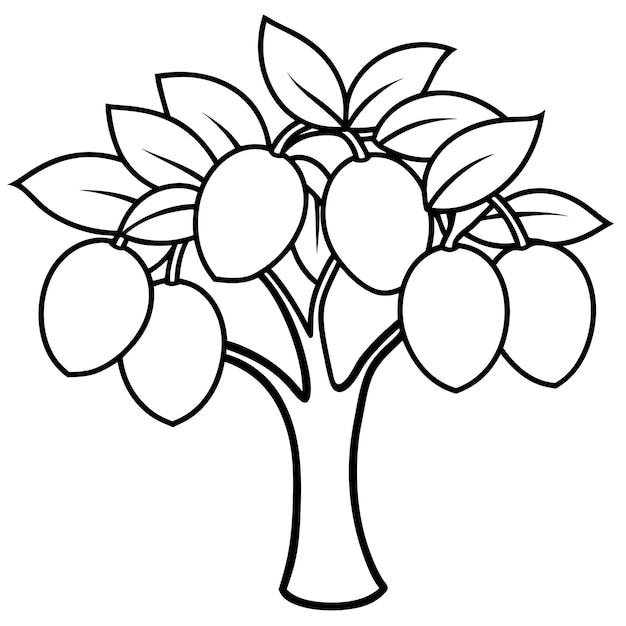 Haga un dibujo de una línea de un árbol de mango con un fondo blanco de color negro y estilo vectorial