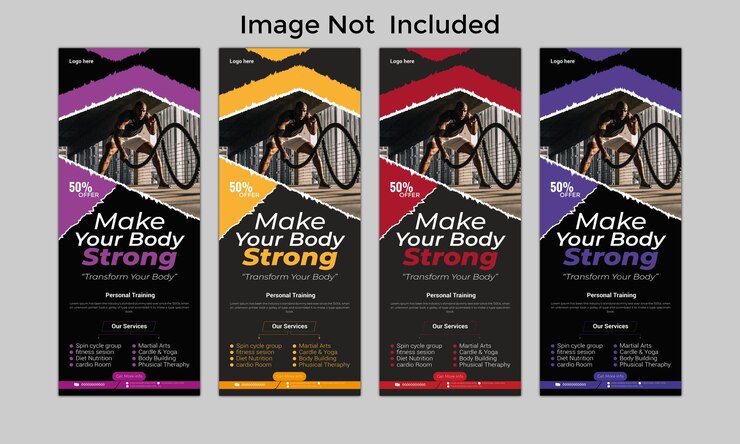 haga que su cuerpo sea fuerte fitness roll up o x plantilla de diseño de banner para agencia de fitness o gimnasio