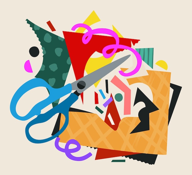 Hágalo usted mismo Sciccors y coloridas hojas cortadas de papel Vector ilustración brillante