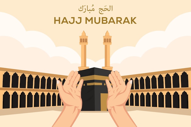 Hajj Mubarak diseño plano con las manos rezando en posición frente a la sagrada Kaaba