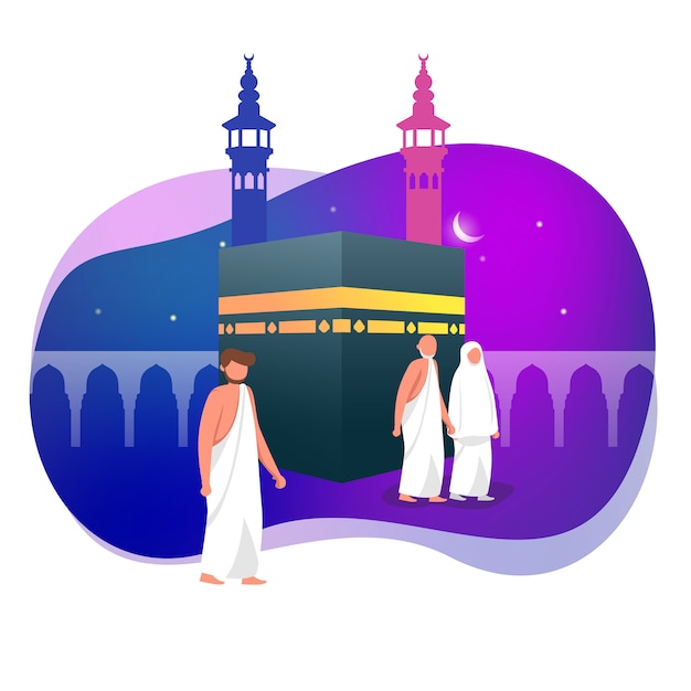 Hajj saludo musulmán alrededor de kaaba ilustración vectorial islámica