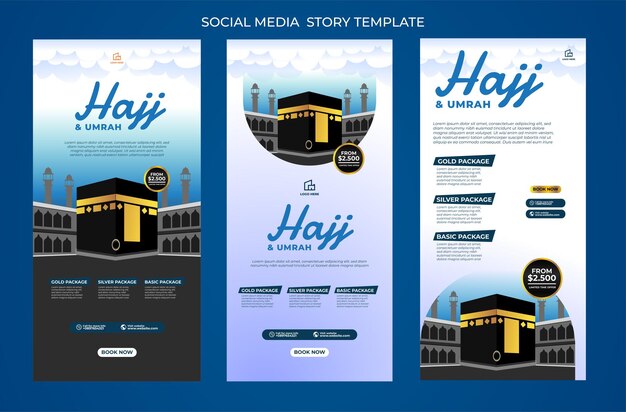 Hajj y umrah diseño de vector de historia de medios sociales con color azul y vector kabah