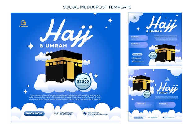 Hajj y umrah diseño de vectores de publicaciones en redes sociales con color azul y vector kabah