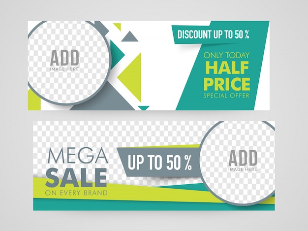 Vector half price, encabezados de sitios web de mega sale o banners con espacio para sus imágenes.