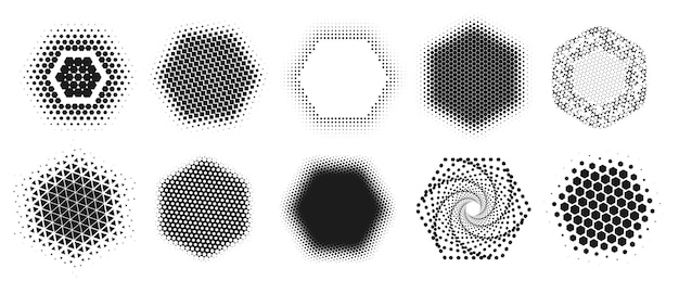 Halftone hexagon shapes Abstract geometric hexagon dotted patterns with half tone effect honeycomb texture spiral design and digital gradient fade structure vector set