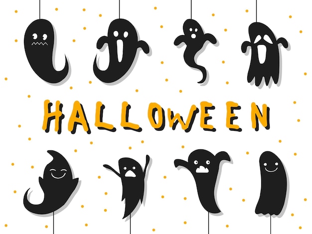 Halloween 2022 31 de octubre Una fiesta tradicional Truco o trato Ilustración vectorial en estilo de garabato dibujado a mano Conjunto de siluetas de fantasmas lindos