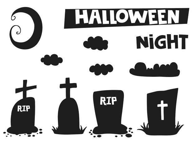Halloween 2022 31 de octubre Una fiesta tradicional Truco o trato Ilustración vectorial en estilo de garabato dibujado a mano Conjunto de siluetas de tumbas con cruces luna y nubes