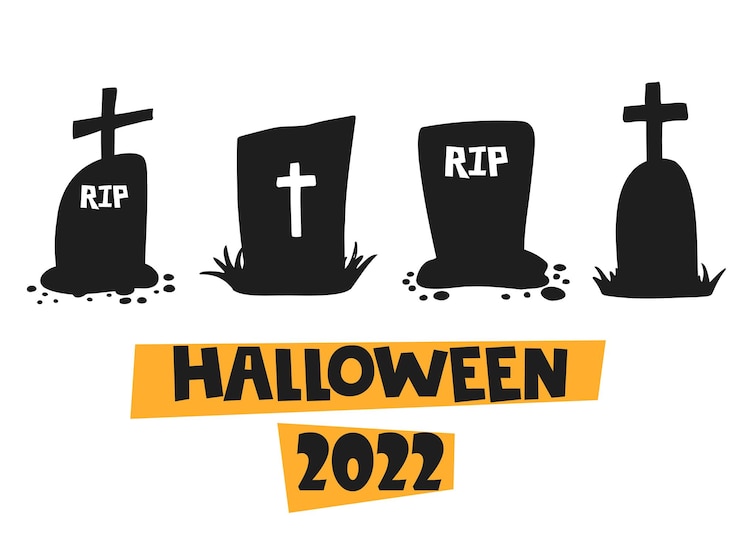 Vector halloween 2022 31 de octubre una fiesta tradicional truco o trato ilustración vectorial en estilo de garabato dibujado a mano conjunto de siluetas de tumbas con cruces