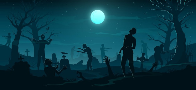 Vector halloween aterrador zombi horror cementerio fondo monstruos apocalíptico muerto caminando en el cementerio de la noche espeluznante vector pancarta lápidas espeloznantes árboles viejos siluetas murciélagos y luna llena en el cielo oscuro