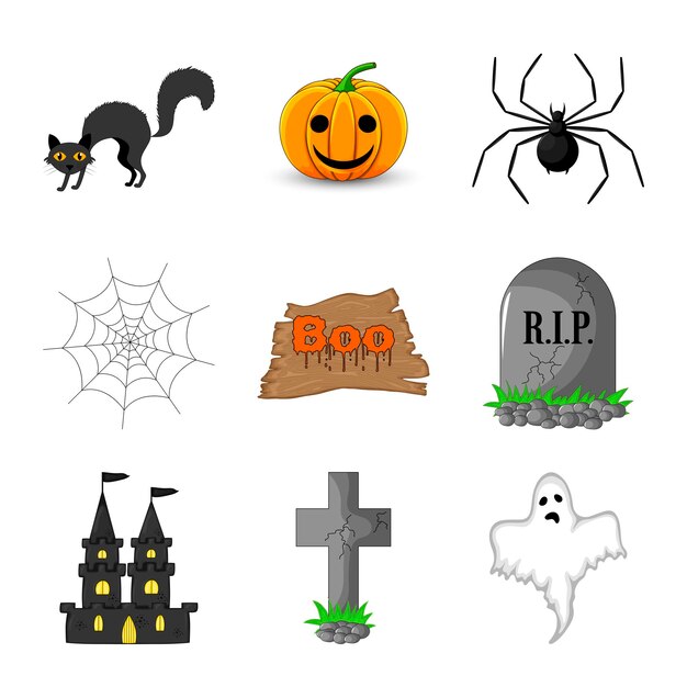 Halloween con atributos tradicionales sobre fondo blanco. Estilo de dibujos animados. Vector.