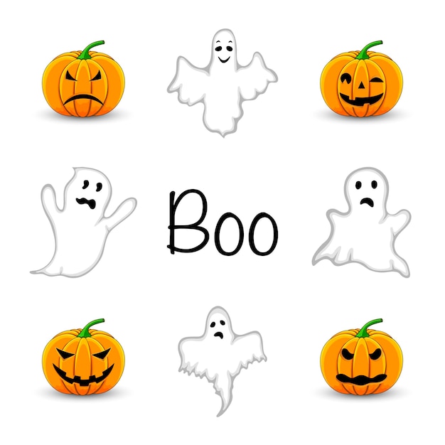Halloween con atributos tradicionales sobre fondo blanco. Estilo de dibujos animados. Vector.