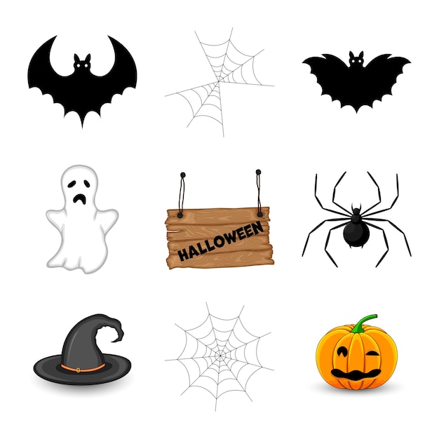 Halloween con atributos tradicionales sobre fondo blanco. Estilo de dibujos animados. Vector.