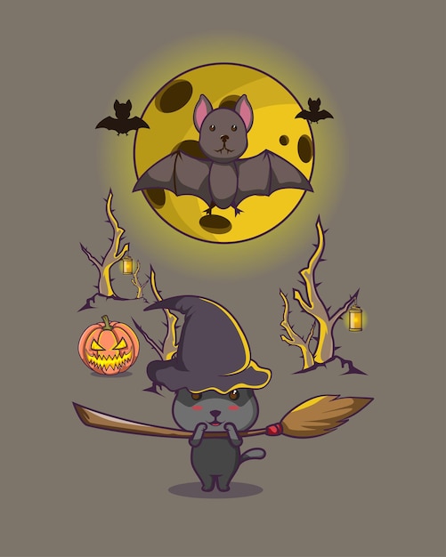 Halloween bosque oscuro gato negro, murciélago, luna amarilla, palo de escoba para cartel, logotipo, mascota