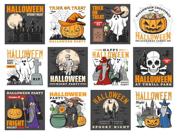 Halloween bruja fantasmas calabazas murciélagos y calavera