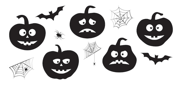 Halloween calabaza vector icono araña telaraña y murciélago conjunto siluetas negras ilustración de miedo