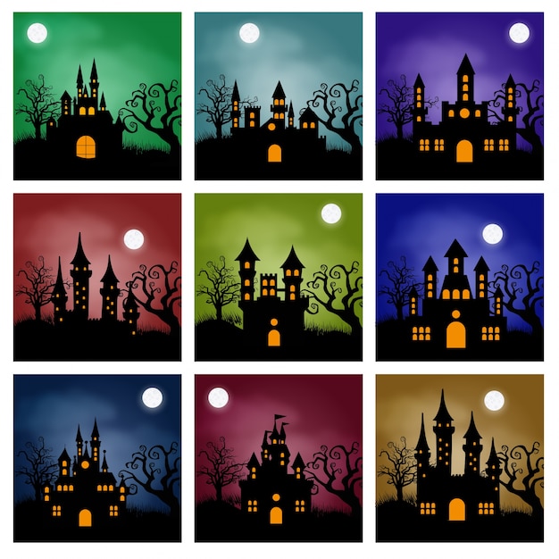 Vector halloween castel de fondo con calabaza, casa embrujada y luna llena.