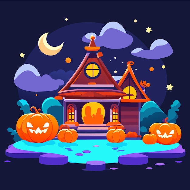 Vector halloween castillo casa calabaza murciélago dibujado a mano plano elegante pegatina de dibujos animados icono concepto aislado