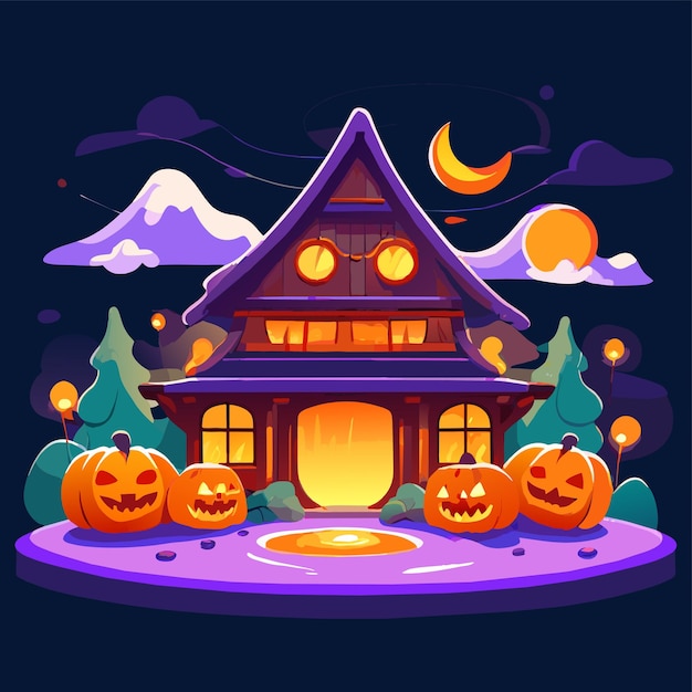 Vector halloween castillo casa calabaza murciélago dibujado a mano plano elegante pegatina de dibujos animados icono concepto aislado