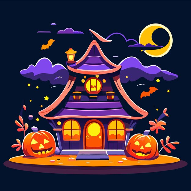 Halloween castillo casa calabaza murciélago dibujado a mano plano elegante pegatina de dibujos animados icono concepto aislado