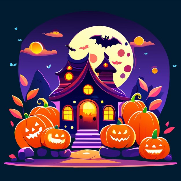 Vector halloween castillo casa calabaza murciélago dibujado a mano plano elegante pegatina de dibujos animados icono concepto aislado