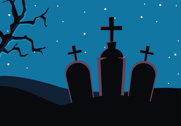 Vector halloween cementerio tumbas escena del cementerio