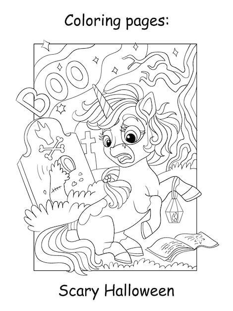 Halloween colorear unicornio asustado y ilustraciones vectoriales de letras