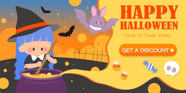 Halloween concepto banner telón de fondo vector ilustración plana halloween signos y símbolos truco o trato