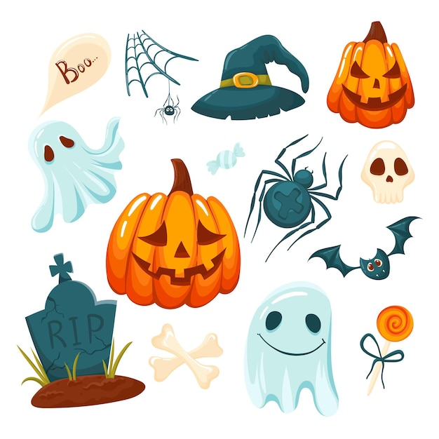 Halloween conjunto de elementos vectoriales ilustrados calabaza brujas caldero ojo murciélago fantasmas y cráneo en