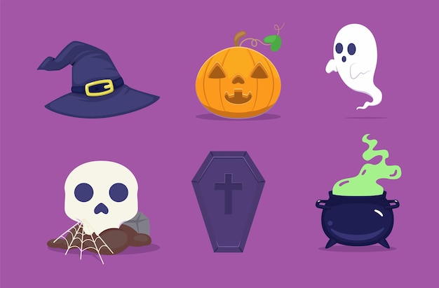 Vector halloween con cosas de brujas y fantasmas.