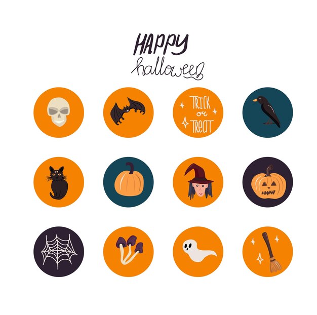 Halloween destaca portadas para redes sociales Conjunto de elementos lindos en estilo garabato Iconos dibujados a mano con calabaza murciélago bruja escoba Pegatinas planificador semanal Ilustración vectorial