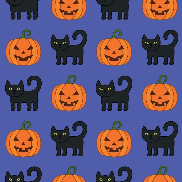 Halloween dibujos animados de patrones sin fisuras gato negro naranja calabaza