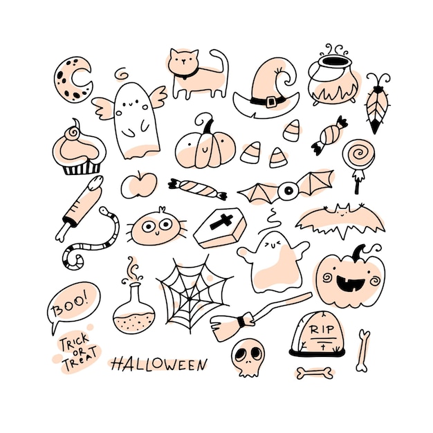 Halloween doodle establece personajes navideños y elementos horribles en dibujos animados simples dibujados a mano