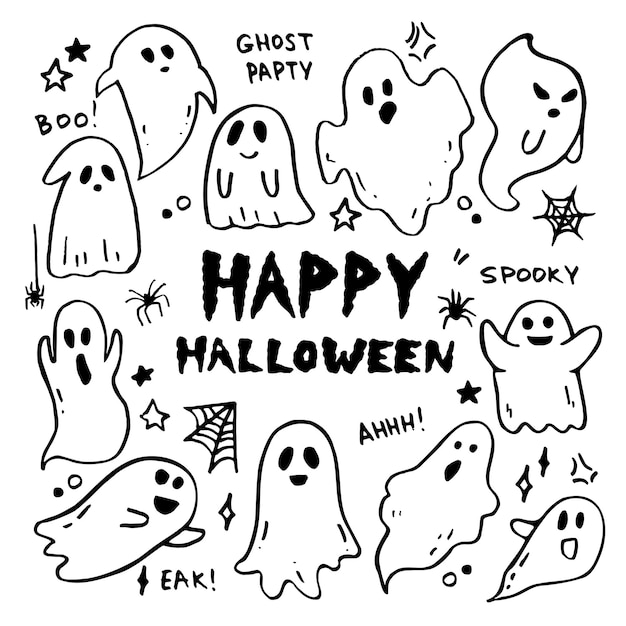 Vector halloween doodle lindo fantasma conjunto ilustración vectorial