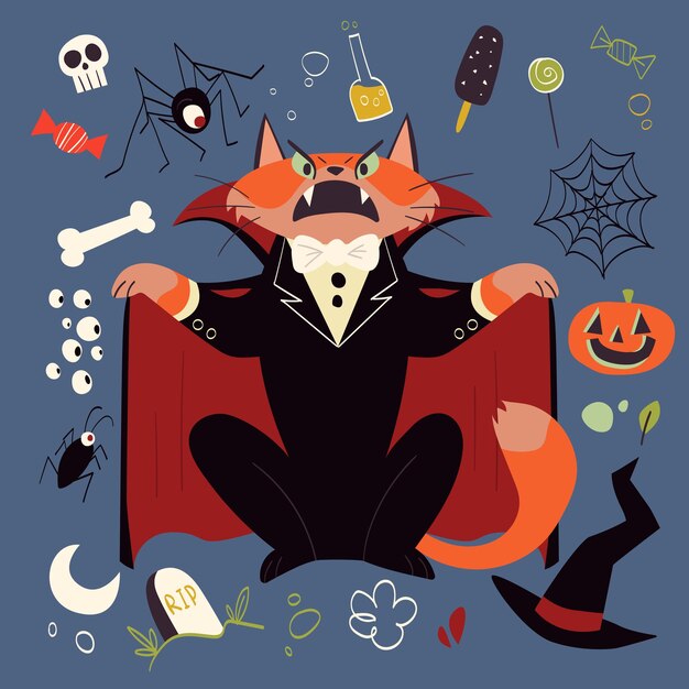 Vector halloween dracula vampiro lindo gato ilustración para fiesta de halloween