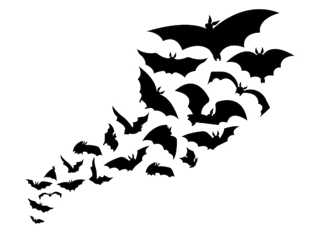 Vector halloween enjambre volador murciélagos silueta de horror gráfico aterrador vampiros animales aislados negra gótica criatura espeluznante fondo vectorial de la noche mística decente