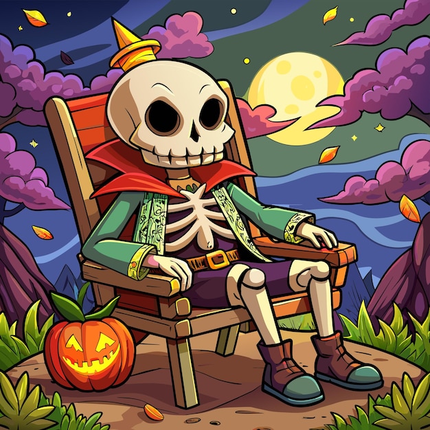 Vector halloween esqueleto cráneo día de los muertos dibujado a mano personaje de dibujos animados pegatina icono concepto aislado