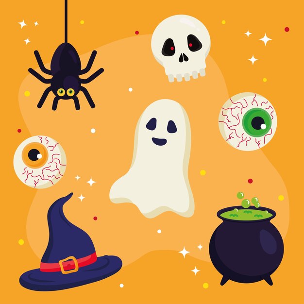 Vector halloween fantasma sombrero cráneo ojos araña y diseño de cuenco de bruja, tema de halloween.