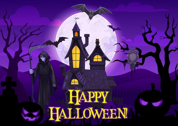 Halloween fantasmas murciélagos calabaza y muerte esqueleto