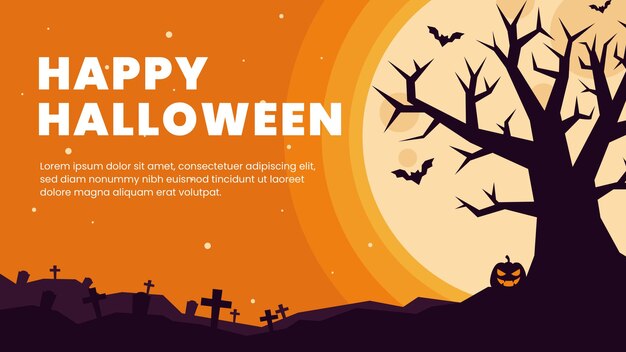 Halloween con un fondo naranja y una ilustración vectorial de silueta de árbol con área de espacio de copia