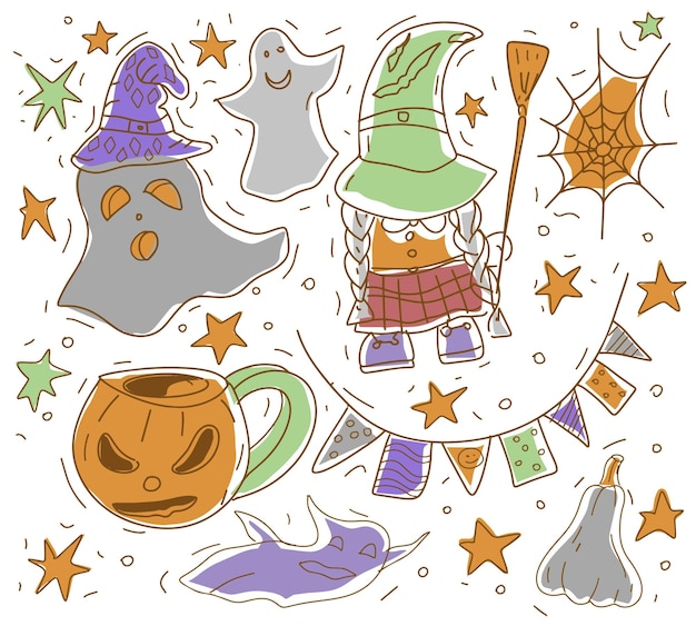 Vector halloween garabatos dibujados a mano libro de colorear antistress vacaciones de otoño hechicera de patas