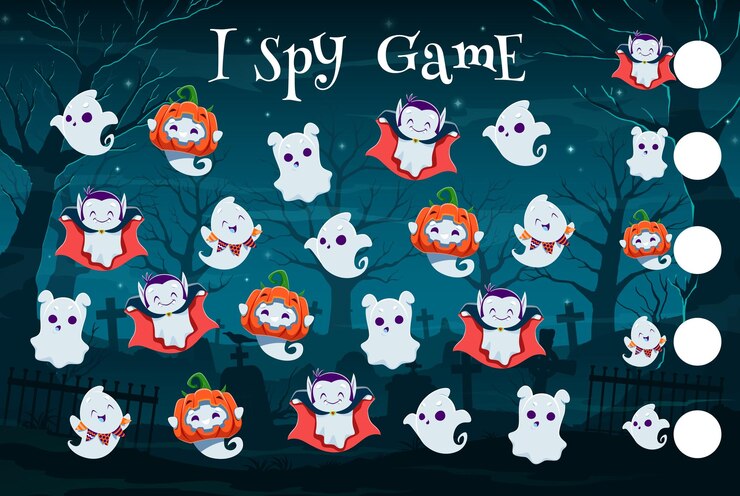 Vector halloween i juego de espionaje con personajes fantasmas kawaii