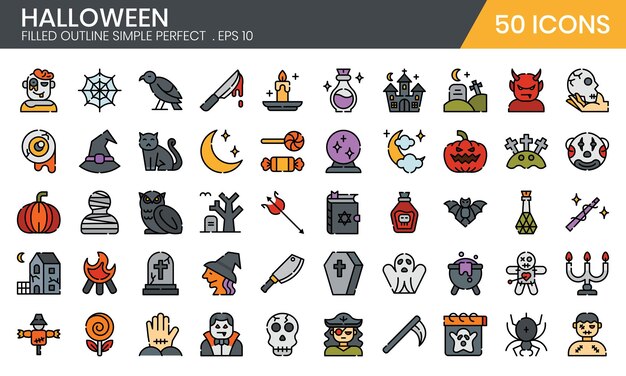 Halloween lleno de iconos de contorno conjunto Ilustración vectorial