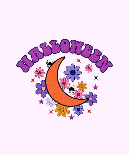 HALLOWEEN CON LUNA Y FLOR GROOVY ILUSTRACIÓN