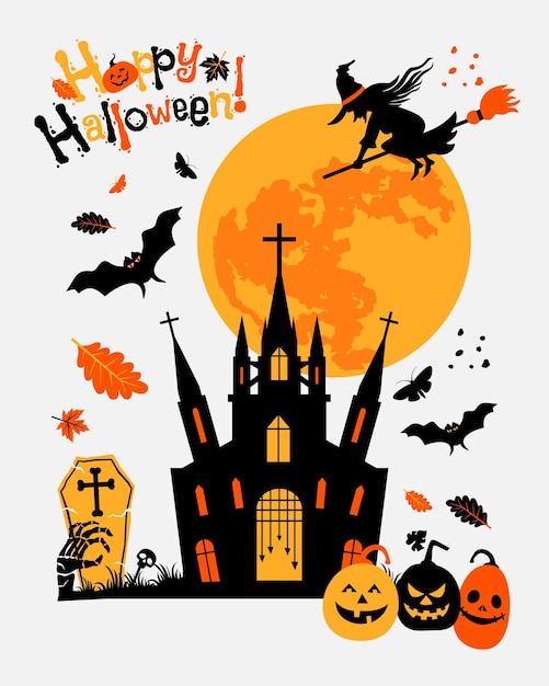 Halloween luna llena banner bruja calabazas y murciélagos vector ilustración plana