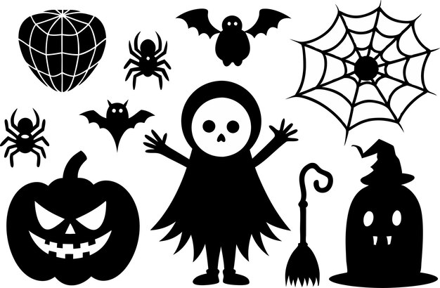 Halloween negro silueta Clipart juego de bombeo fantasma esqueleto de bruja arañas tela de araña